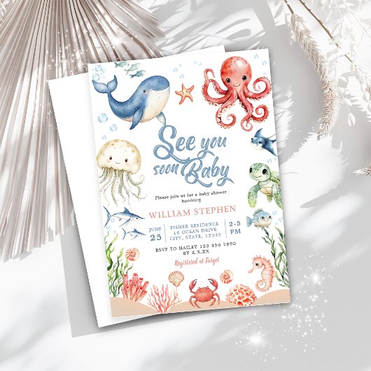 Blue Sea you Soon Ocean Animal Baby Shower 招待状