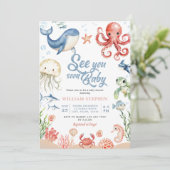 Blue Sea you Soon Ocean Animal Baby Shower 招待状 (スタンド正面)
