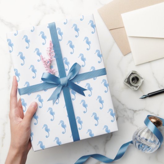 Blue Seahorse Coastal Pattern Wrapping Paper ラッピングペーパー (ギフト)