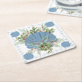 Blue Seashell Coastal Christmas スクエアペーパーコースター (アングル)