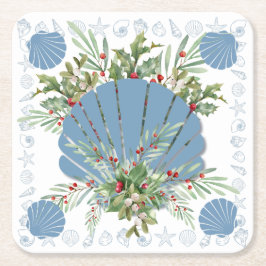 Blue Seashell Coastal Christmas スクエアペーパーコースター