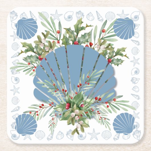 Blue Seashell Coastal Christmas スクエアペーパーコースター (正面)