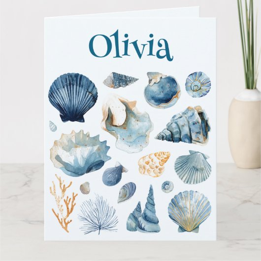Blue Seashell Folded Card | Custom Name カード (正面)