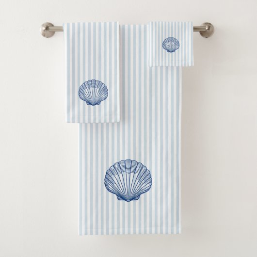 Blue Seashell Nautical Blue Stripe Painting バスタオルセット (インサイチュ)
