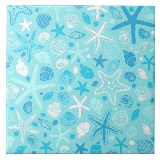 Blue Seashell & Star Bathroom Art タイル (正面)