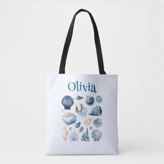 Blue Seashell Tote Bag – Custom Name トートバッグ (正面)