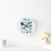 Blue Seashell Wall Clock | Custom Name ラウンド壁時計 (ホーム)