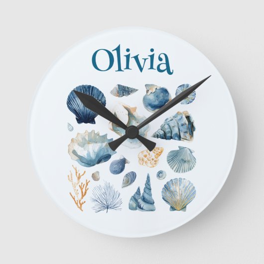 Blue Seashell Wall Clock | Custom Name ラウンド壁時計 (正面)