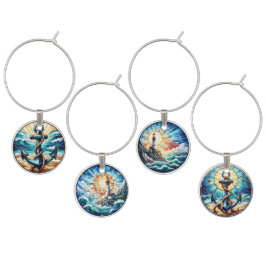 BLUE SEASIDE NAUTICAL STAINED GLASS LOOK ワインチャーム