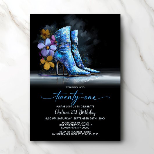 Blue Sequin Boots 21st Birthday Party 招待状