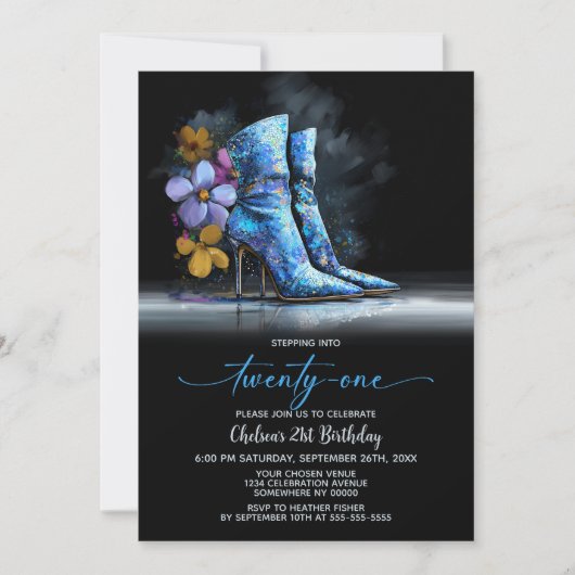 Blue Sequin Boots 21st Birthday Party 招待状 (正面)