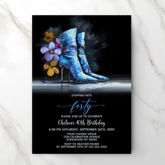 Blue Sequin Boots 40th Birthday Party 招待状