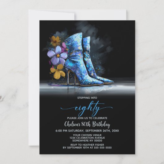Blue Sequin Boots 80th Birthday Party 招待状 (正面)
