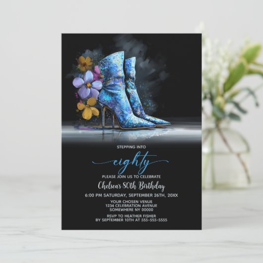 Blue Sequin Boots 80th Birthday Party 招待状 (スタンド正面)