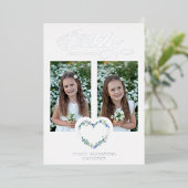 Blue Shades Birthday Silver 2 Photos Floral Heart 箔招待状 (立ち正面)