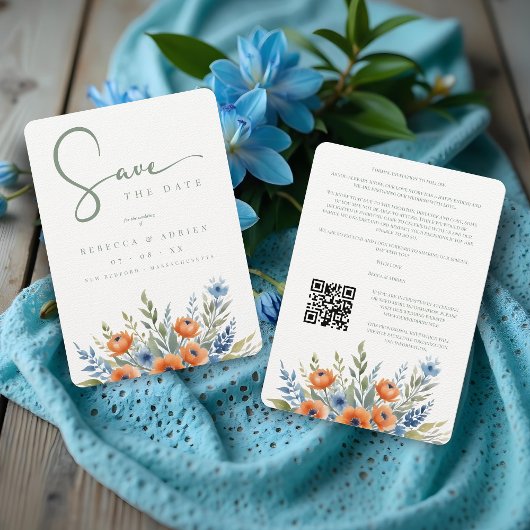 Blue Shades Delicate Floral Bouquet Border Wedding セーブザデート
