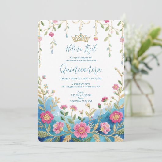 Blue Shades Spanish Mexican XVs Floral Border 招待状 (スタンド正面)