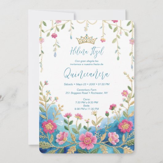 Blue Shades Spanish Mexican XVs Floral Border 招待状 (正面)
