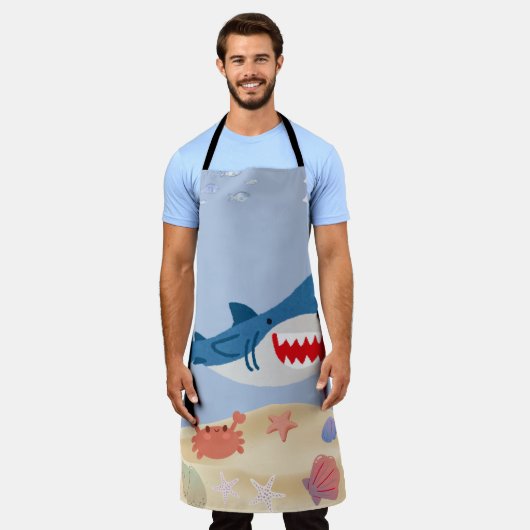 Blue Shark Ocean Theme Apron – Cute Marine Life Co エプロン (着用した状態)