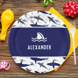 Blue Shark Pattern with Name Boy Birthday Party ペーパープレート<br><div class="desc">Add a touch of the ocean to the birthday party of your little boy with this custom blue and white shark pattern paper plate. Each plate has cute sharks swimming in the sea and your little one's first name. Birthday party paper plate makes a great personalized addition to a kid...</div>