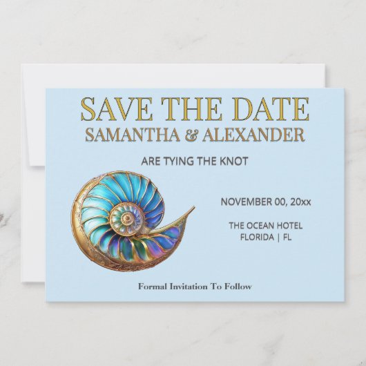 Blue Shell Save the Date Wedding Card 招待状 (正面)