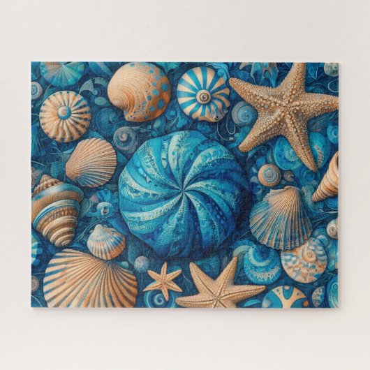 Blue Shells Beach Batik Starfish Sand Dollar ジグソーパズル (横)