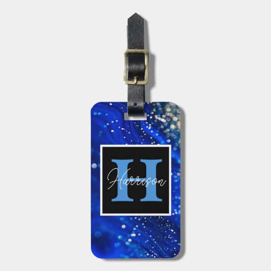 Blue Shimmer Name & Monogram ラゲッジタグ (正面縦)