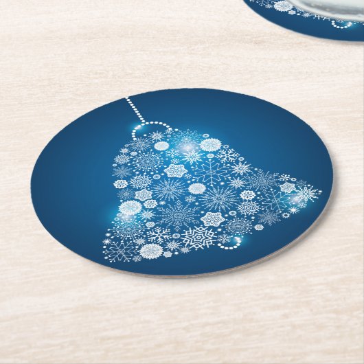 Blue & Shinning White Snowflakes Christmas Bell ラウンドペーパーコースター (アングル)