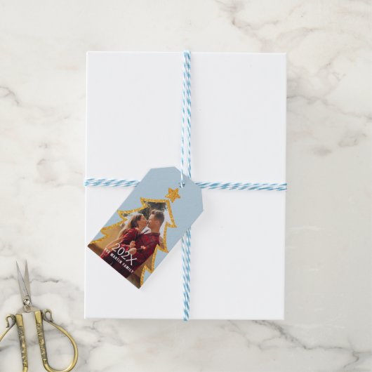 Blue Shiny Christmas Tree Personalized Photo ギフトタグ (より糸付き)