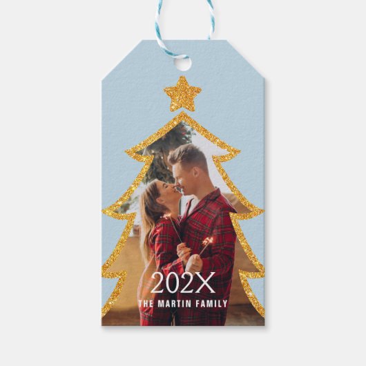 Blue Shiny Christmas Tree Personalized Photo ギフトタグ (正面)