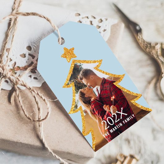 Blue Shiny Christmas Tree Personalized Photo ギフトタグ