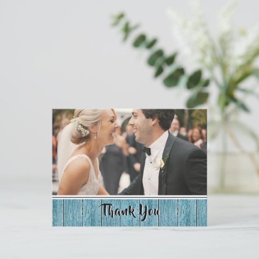 Blue Shiplap素朴の写真縁ど結婚ありがとう ポストカード (スタンド正面)