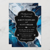 Blue Silver Agate Marble Glitter Wedding 招待状 (正面/裏面)