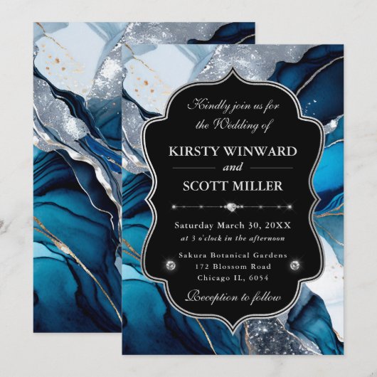 Blue Silver Agate Marble Glitter Wedding 招待状 (正面/裏面)