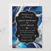 Blue Silver Agate Marble Glitter Wedding 招待状 (正面)