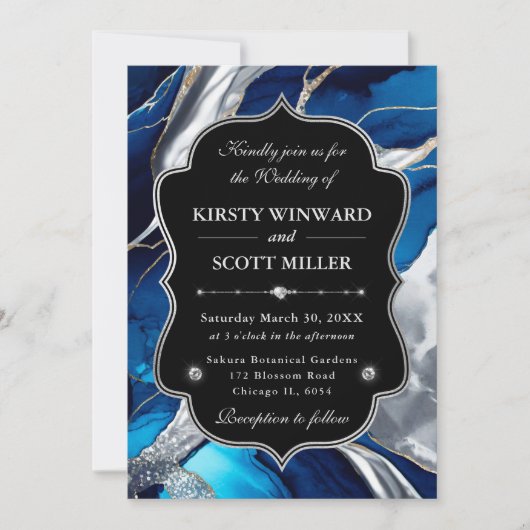 Blue Silver Agate Marble Glitter Wedding 招待状 (正面)