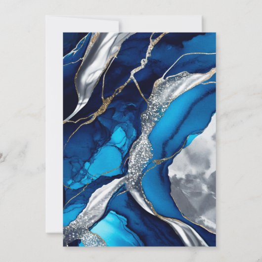 Blue Silver Agate Marble Glitter Wedding 招待状 (裏面)