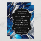 Blue Silver Agate Marble Glitter Wedding 招待状 (正面/裏面)