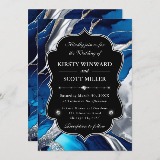 Blue Silver Agate Marble Glitter Wedding 招待状 (正面/裏面)