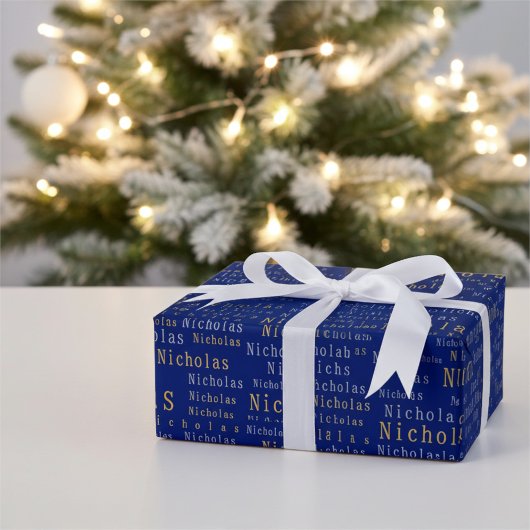 Blue, Silver and Gold Name Custom Wrapping Paper ラッピングペーパー