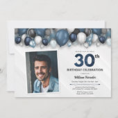 Blue Silver Black & White 30th Birthday Photo 招待状 (正面)