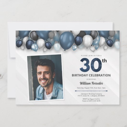 Blue Silver Black & White 30th Birthday Photo 招待状 (正面)