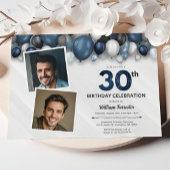 Blue Silver Black & White 30th Birthday Photo 招待状