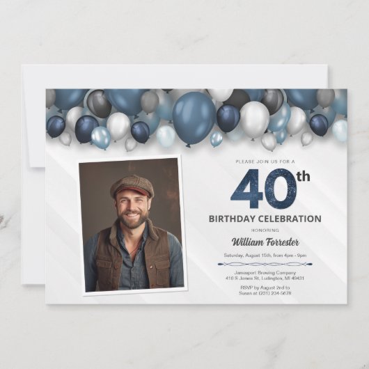 Blue Silver Black & White 40th Birthday Photo 招待状 (正面)