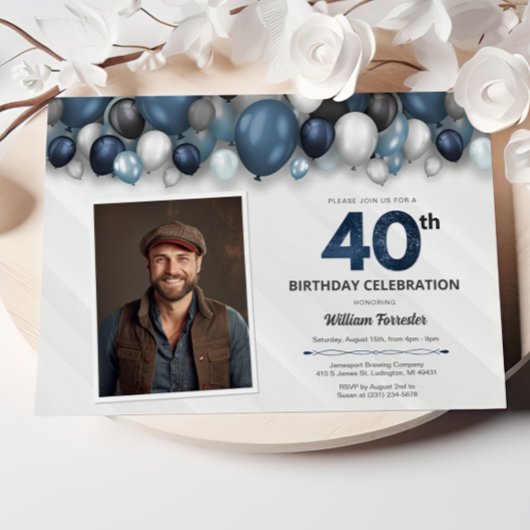 Blue Silver Black & White 40th Birthday Photo 招待状