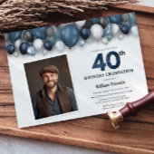 Blue Silver Black & White 40th Birthday Photo 招待状