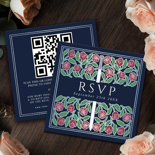 Blue Silver Floral Royal Wedding RSVP QR Code  エンクロージャーカード