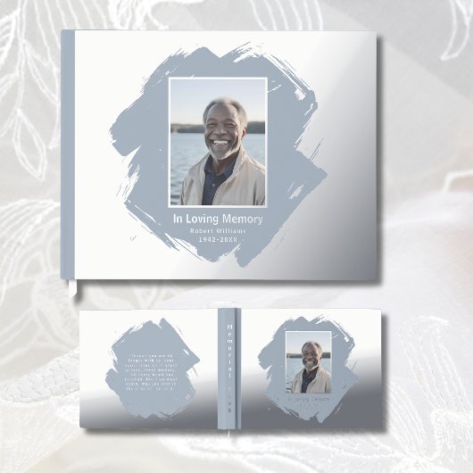 Blue Silver Foil Funeral Guest Book Photo Elegant ゲストブック