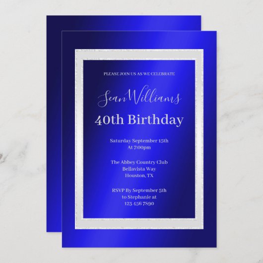 Blue & Silver Framed Men's 40th Birthday 招待状 (正面/裏面)
