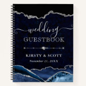 Blue & Silver Glitter Agate Wedding Guest Book ノートブック (正面)